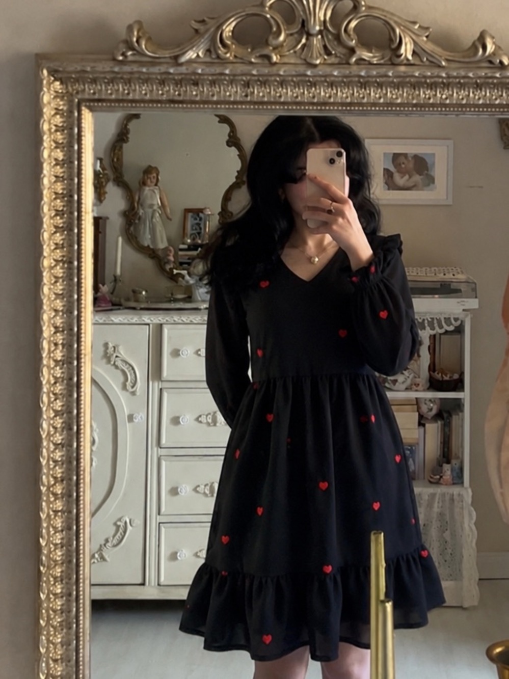 Black V-Neck Midi Dress with Red Heart Accents